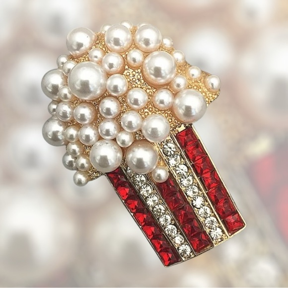 Popcorn Red Clear Crystal Faux Pearls Brooch Pin - Picture 3 of 3